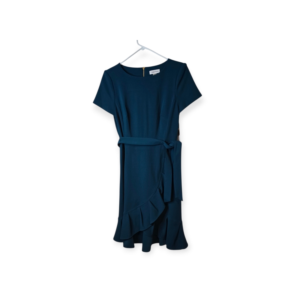 Calvin Klein Teal Blue Ruffle Tulip Hem Stretch Crepe Dress Size 4 NWT